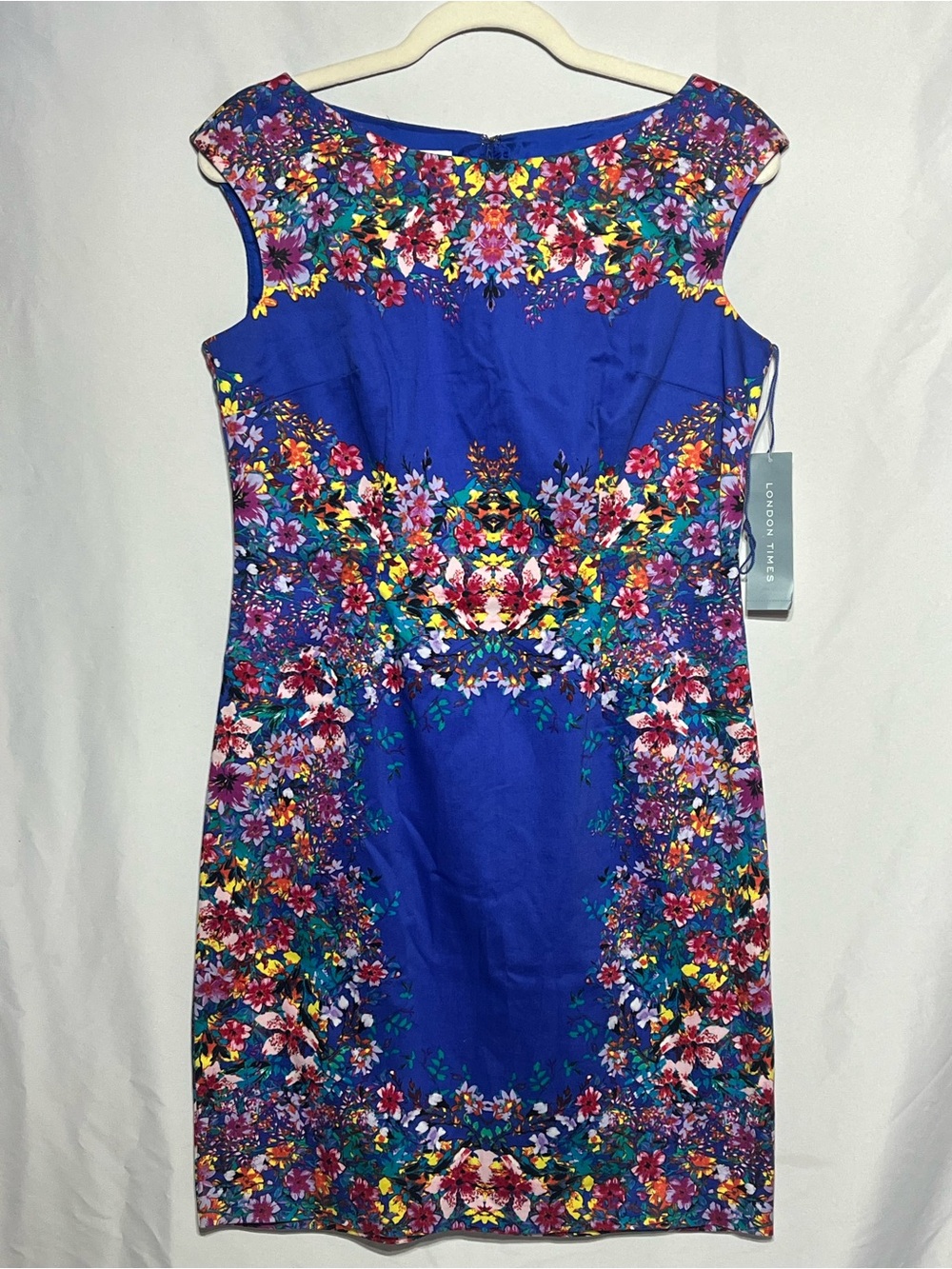 London Times Women’s 8 Royal Blue Floral Midi Sheath Sleeveless Zip Back Dress